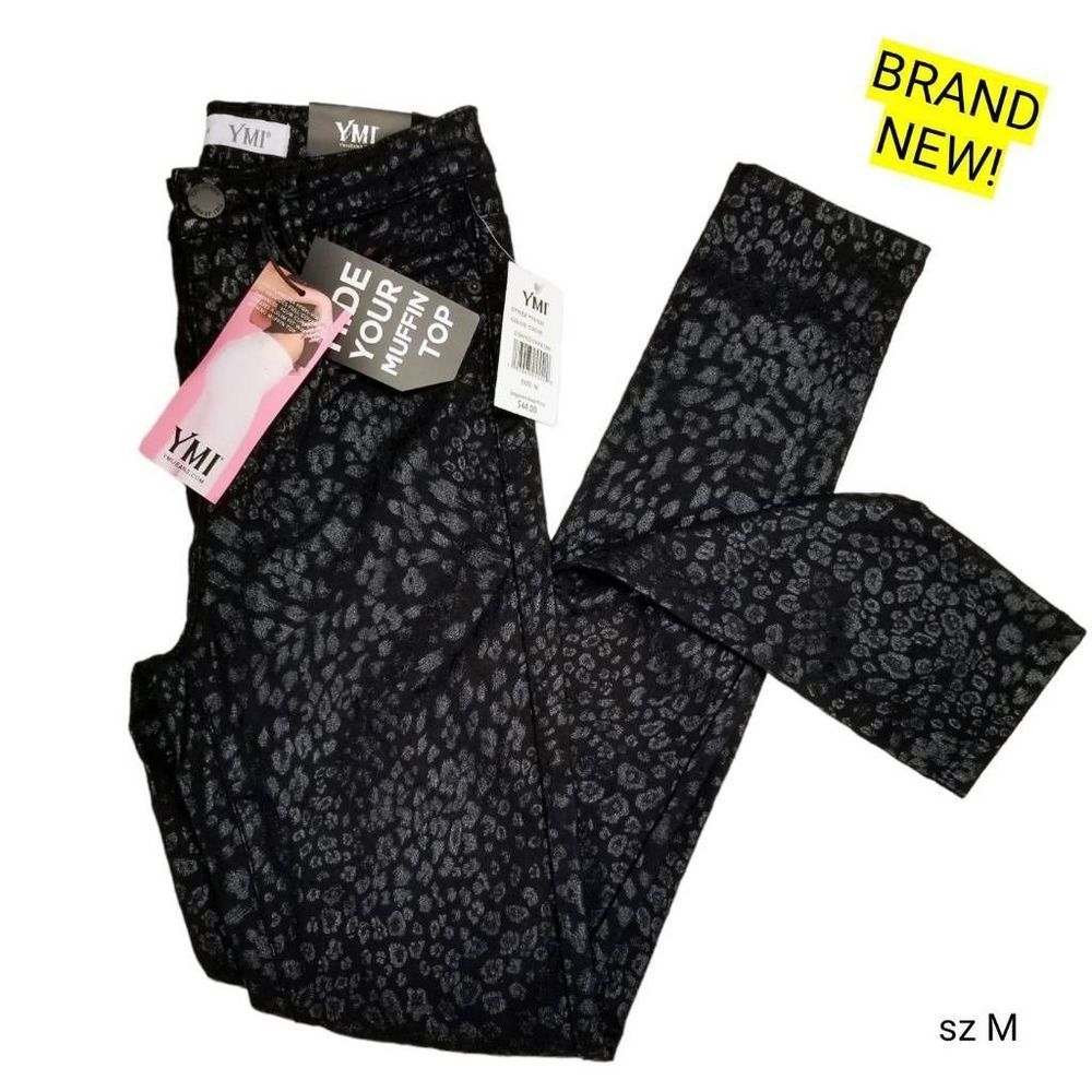 YMI NEW Hide Ur Muffin Top Black Coated Cheetah Hi Rise Tight Curve Hug Jeans